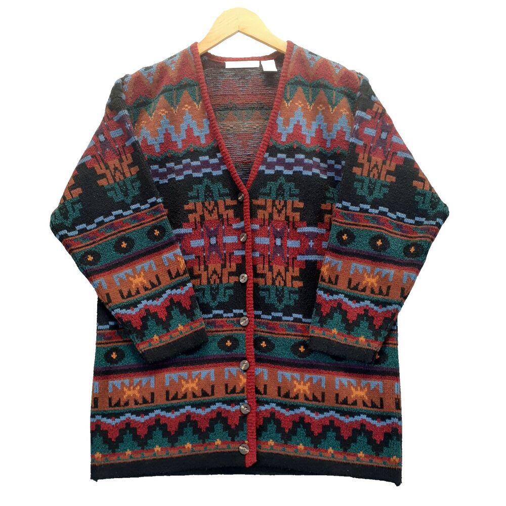Le Moda Women Sz M Southwestern Multicolor Cardigan Sweater Button Up Cabincore
